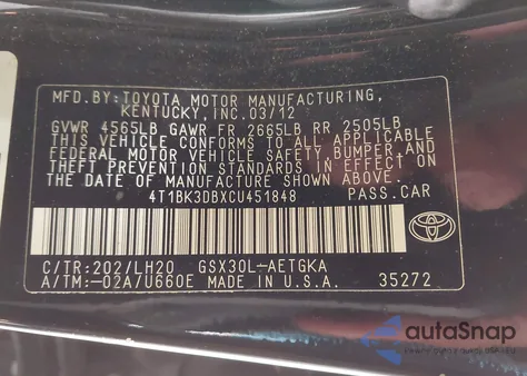 2012 Toyota Avalon из США, поврежденный, VIN 4T1BK3DBXCU451848